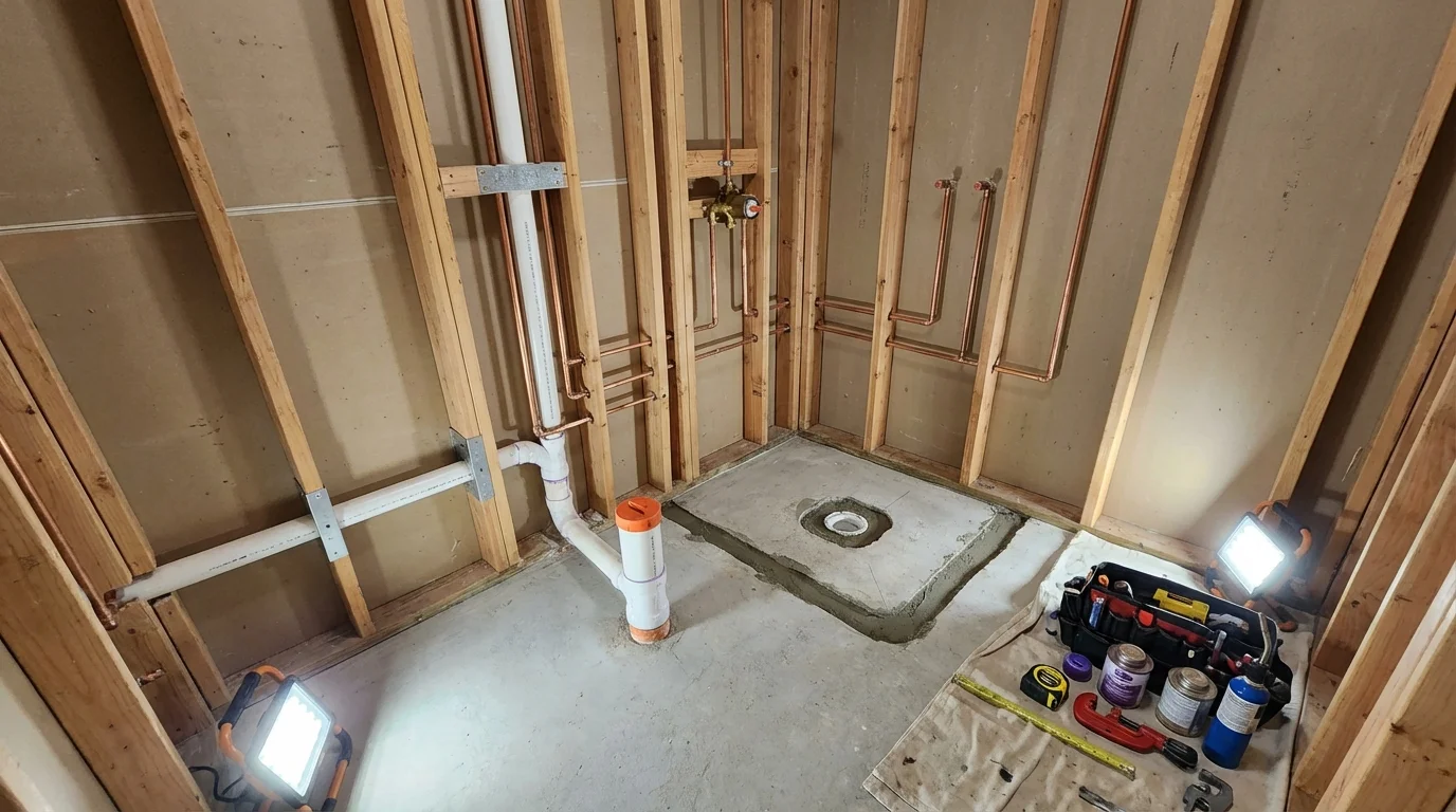 Bathroom rough-in plumbing during remodel by Johns Plumbing LLC in Prospect Park