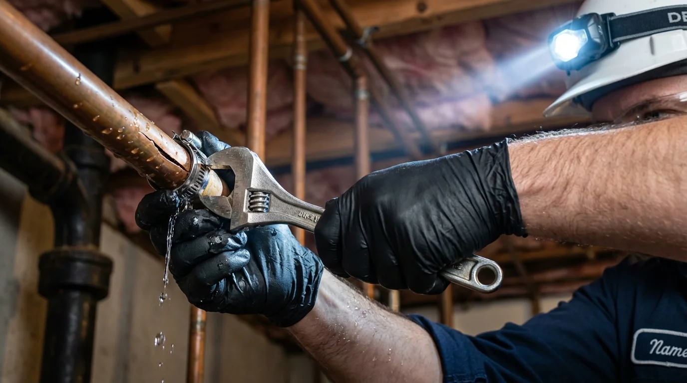 Emergency pipe clamp repair being performed by a Johns Plumbing LLC plumber in Prospect Park