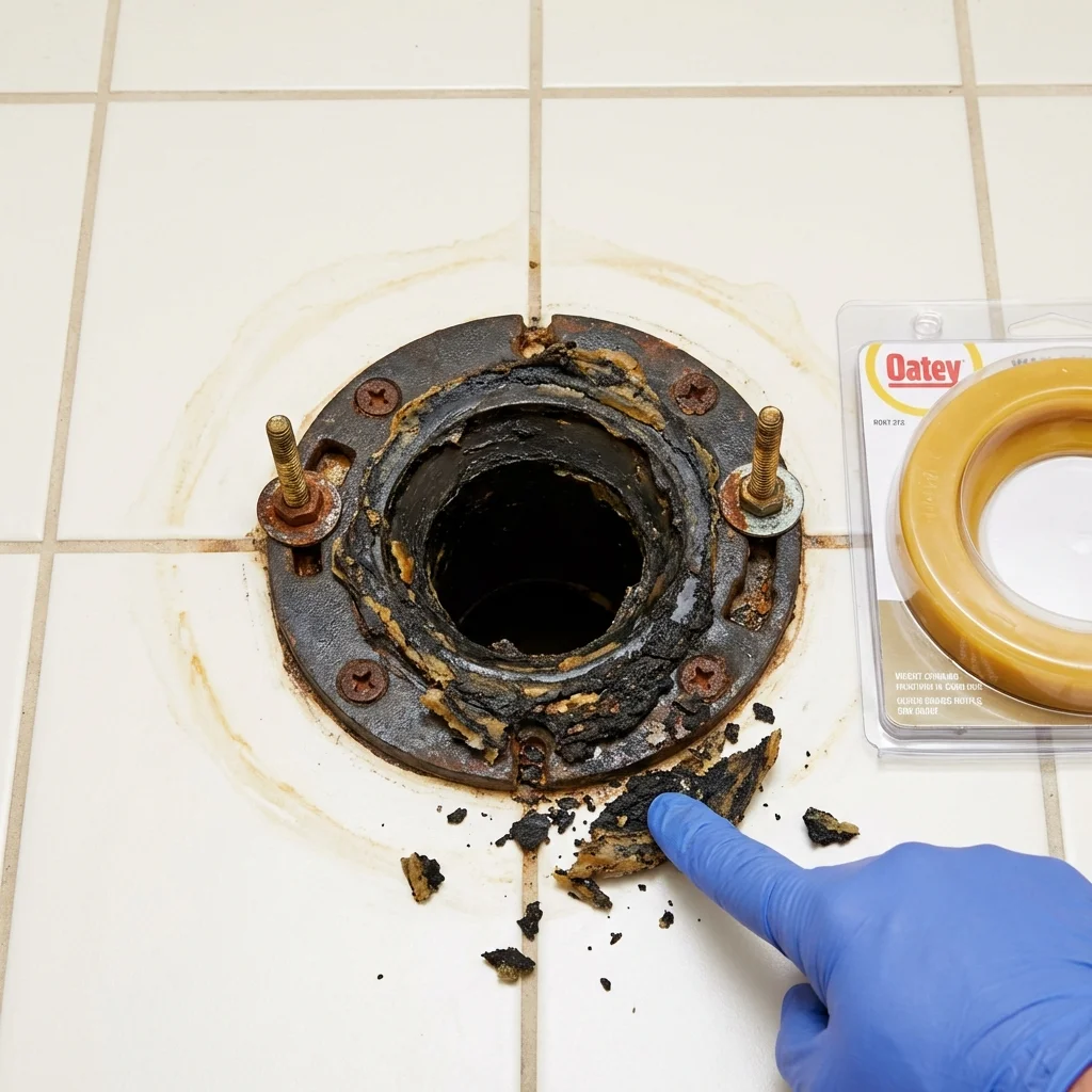 Failed wax ring showing water seepage at the base of a toilet in a Prospect Park, PA home